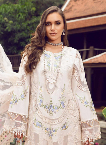 Off-White Embroidered Lawn Ensemble with Burnout Organza Dupatta