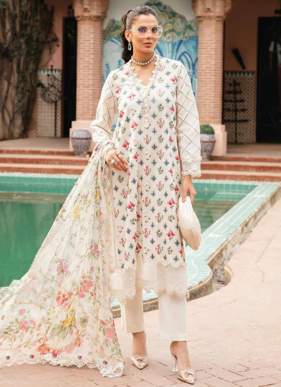 White Embroidered Lawn Shirt with Dyed Cambric Trousers and Printed Chiffon Dupatta