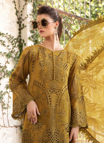 Mustard Elegance: Embroidered Organza Panel Shirt with Stud Detailing, Cambric Trousers, and Burnout Dupatta