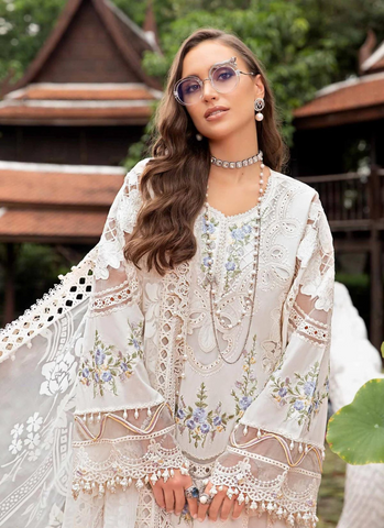 Off-White Embroidered Lawn Ensemble with Burnout Organza Dupatta