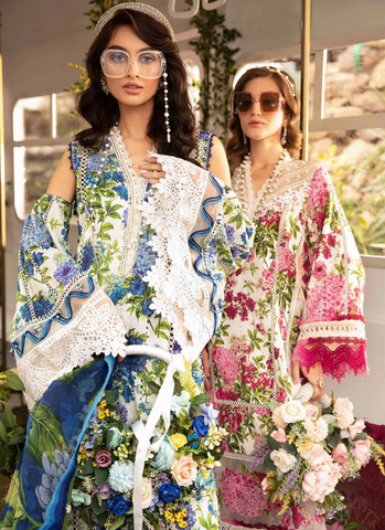 White & Blue Embroidered Printed Shirt with Printed Trouser and Chiffon Dupatta Ensemble