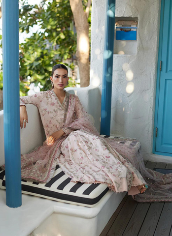 Spring Romance Ensemble: Powder Pink Lawn Set with Embroidered Net Dupatta