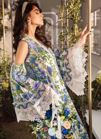 White & Blue Embroidered Printed Shirt with Printed Trouser and Chiffon Dupatta Ensemble