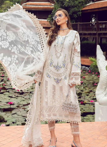 Off-White Embroidered Lawn Ensemble with Burnout Organza Dupatta