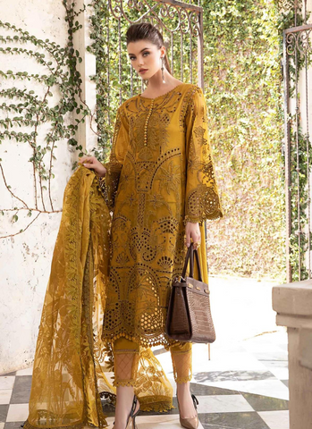 Mustard Elegance: Embroidered Organza Panel Shirt with Stud Detailing, Cambric Trousers, and Burnout Dupatta