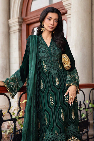 3 Piece Unstitched Embroidered Velvet Suit | DL-1212 Emerald Green