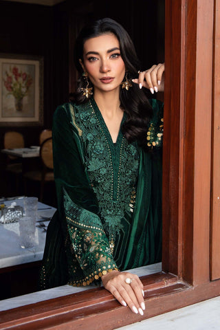 3 Piece Unstitched Embroidered Velvet Suit | DL-1212 Emerald Green