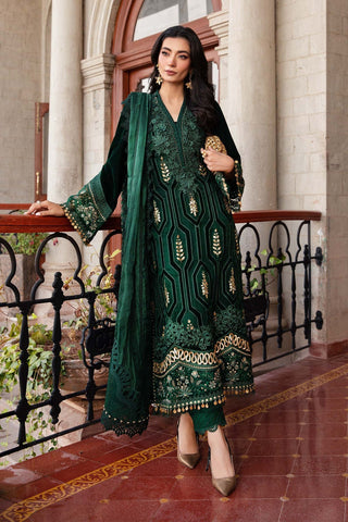 3 Piece Unstitched Embroidered Velvet Suit | DL-1212 Emerald Green