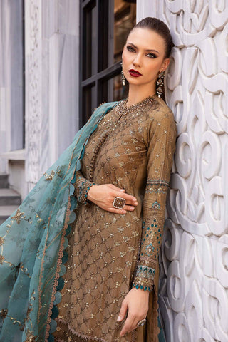 Unstitched Embroidered Cotton Satin Suit | CST-808-Burnt Gold and Teal