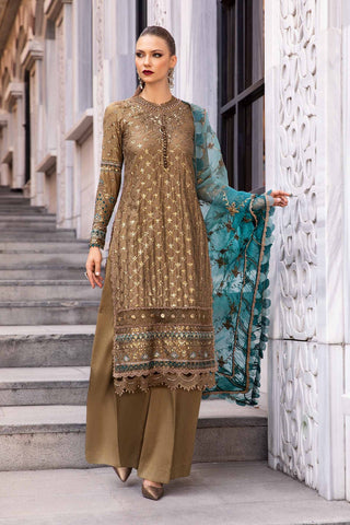 Unstitched Embroidered Cotton Satin Suit | CST-808-Burnt Gold and Teal